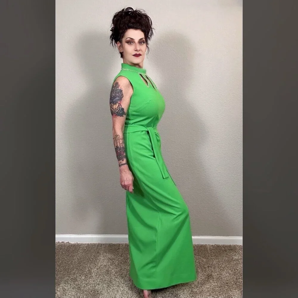 60s Bright Green Maxi Sheath Column Dress Rhinestone MCM Mod Rockabilly Pinup M - Picture 9 of 15